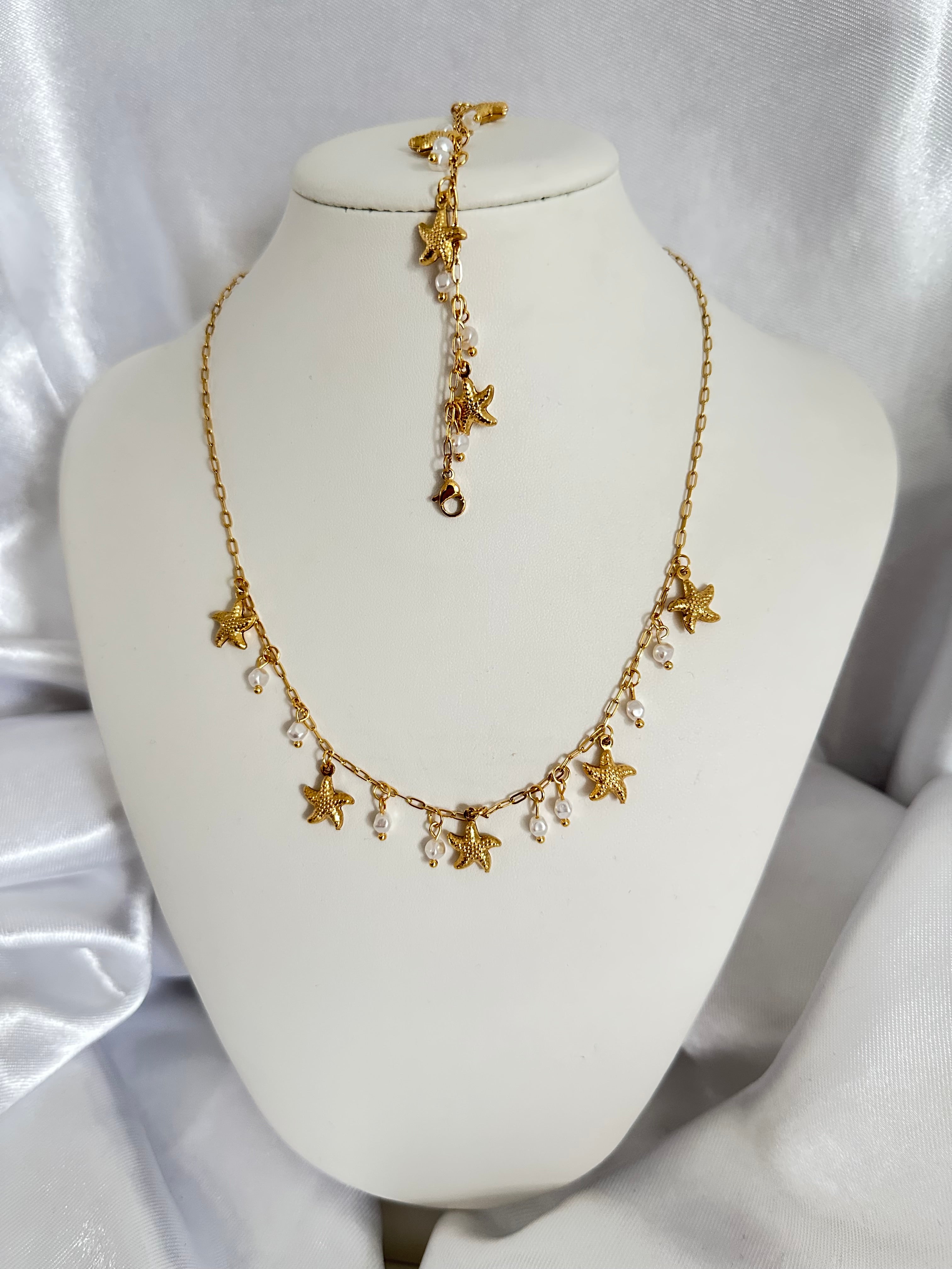 Ensemble Collier charmes coquillage en acier et perles