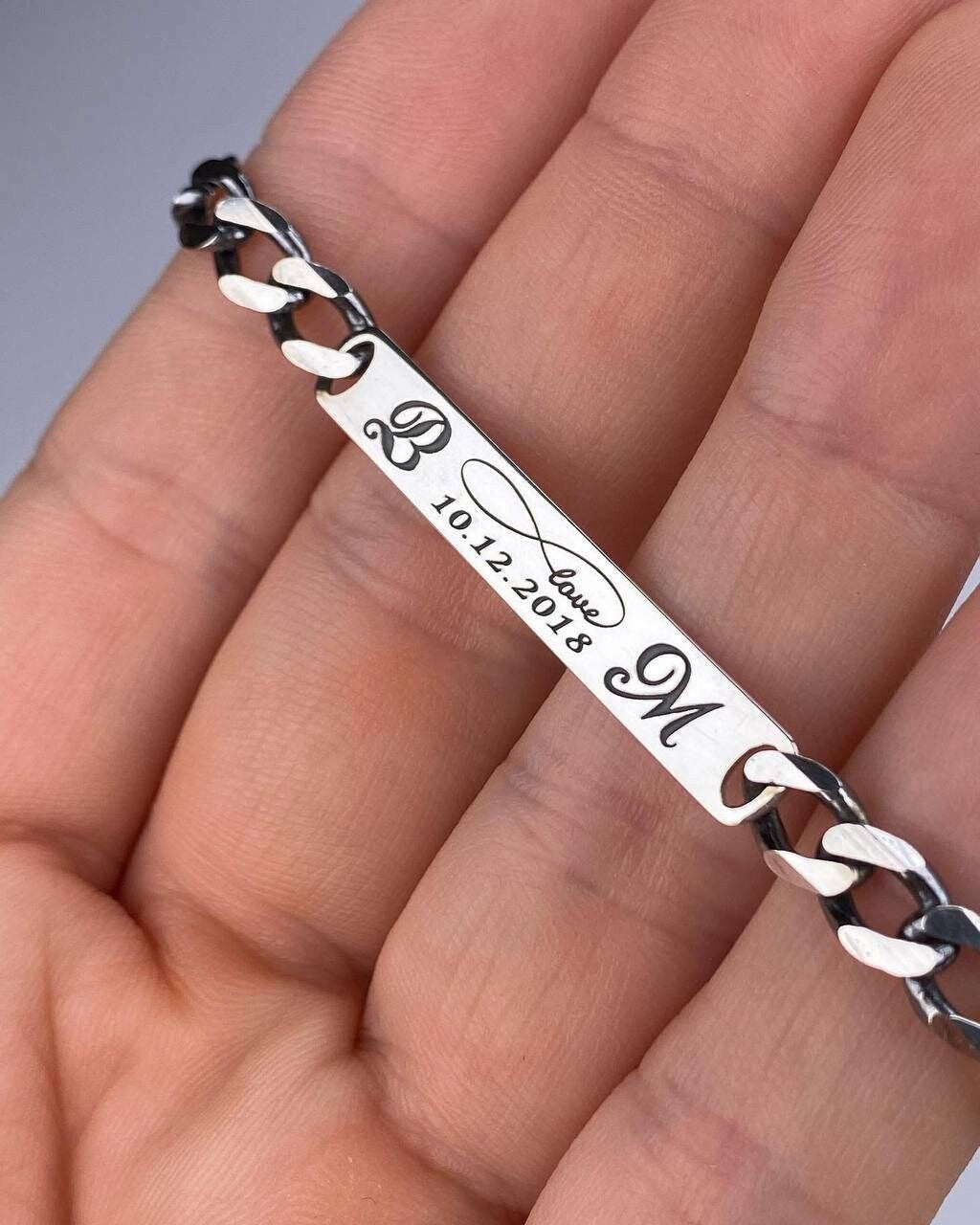 bracelet personnalisé acier inoxydable argenté gravure date couple homme femme bijou personnalisé 
