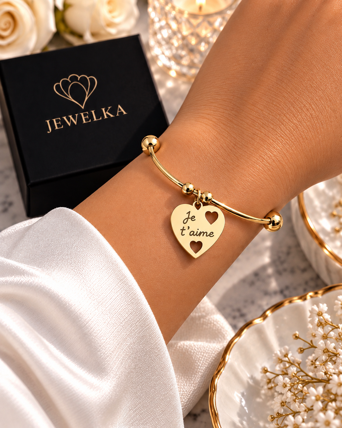 Bracelet cœur Je t’aime en acier inoxydable doré Jewelka, cadeau femme romantique