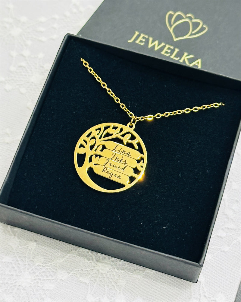 Collier arbre de vie personnalisé avec prénoms gravés en acier inoxydable doré, bijou femme cadeau famille

