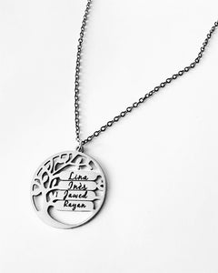 Collier arbre de vie personnalisé avec prénoms gravés en acier inoxydable argenté , bijou femme cadeau famille
