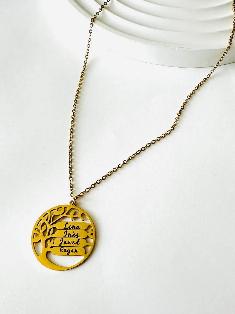 Collier arbre de vie personnalisé avec prénoms gravés en acier inoxydable doré, bijou femme cadeau famille
