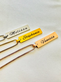 collier prénom personnalisé acier inoxydable mixte pendentif barre gravure homme femme jewelka 
