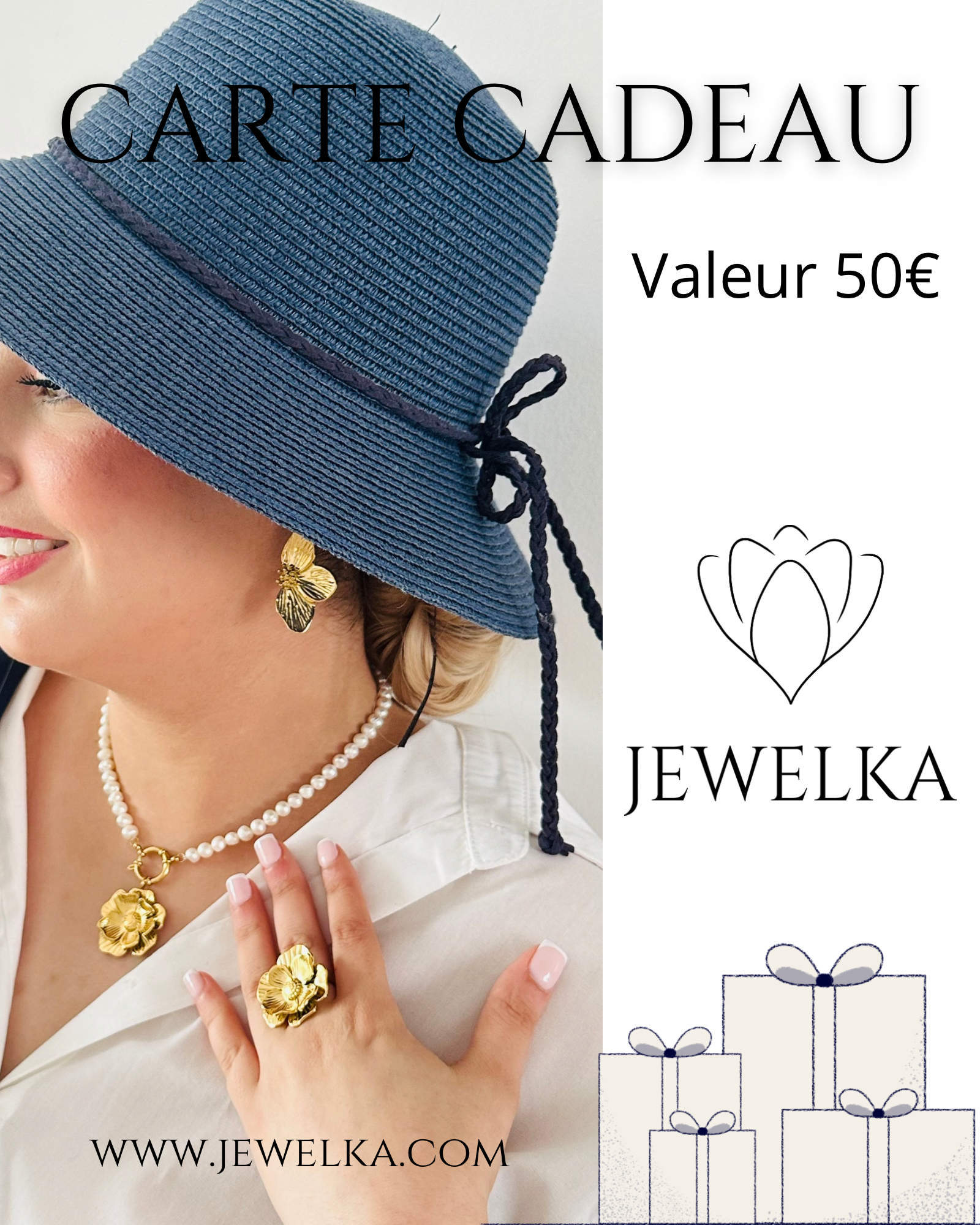 Carte cadeau d'une valeur de 50 euros pour acheter des bijoux. Idéale pour offrir un bijou élégant et personnalisé à un être cher.